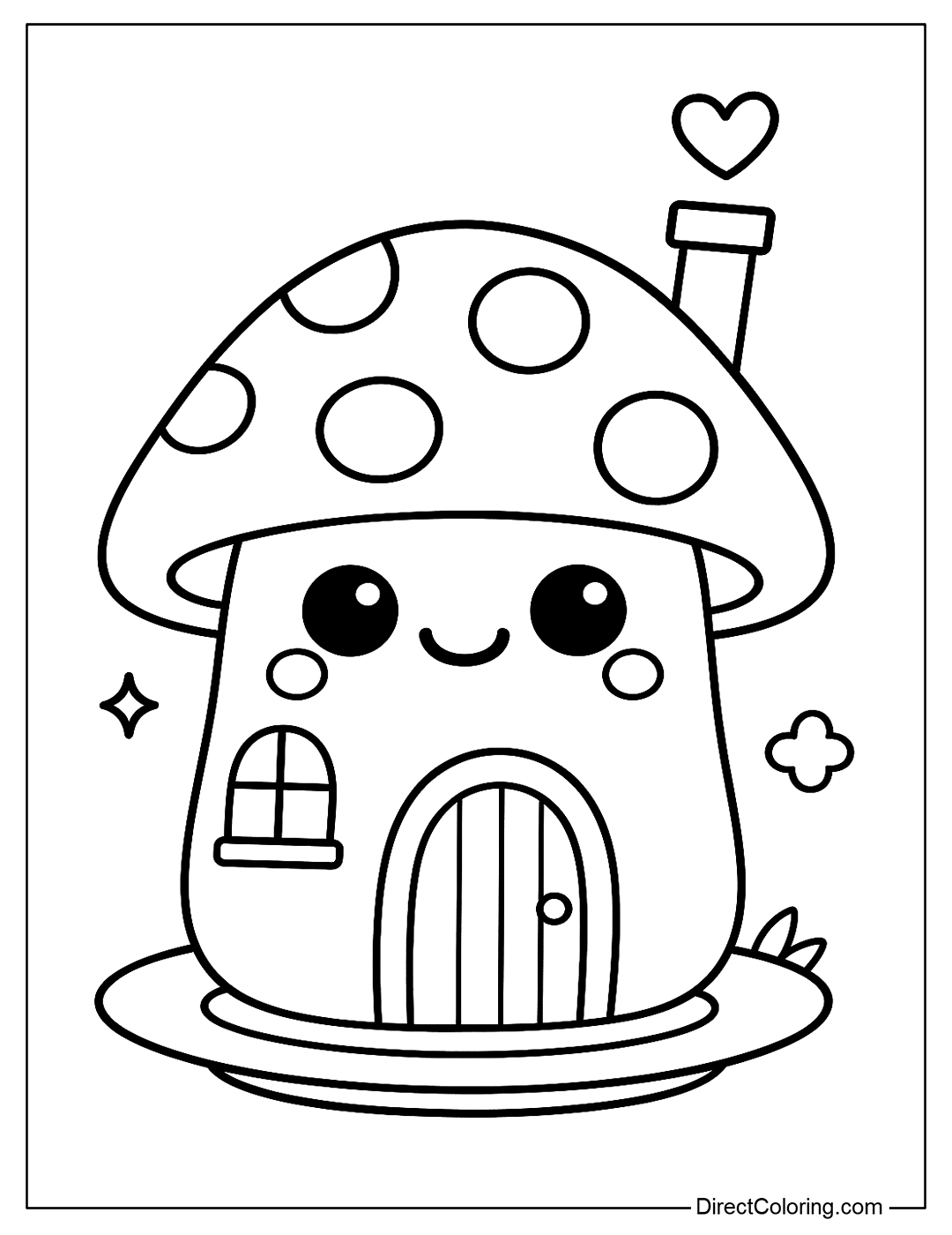 a Mushroom House Coloring Page with a smiley face window and a heart-shaped chimney